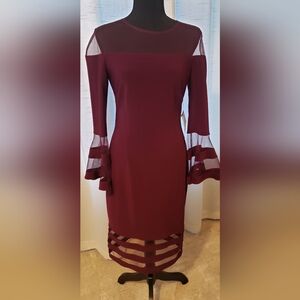 Betsy & Adam Wine Long Sleeve Mesh Dress